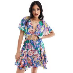 ASOS Design Blue Multicolor Floral Cotton Blend Front Cut Out Godet Dress size 8